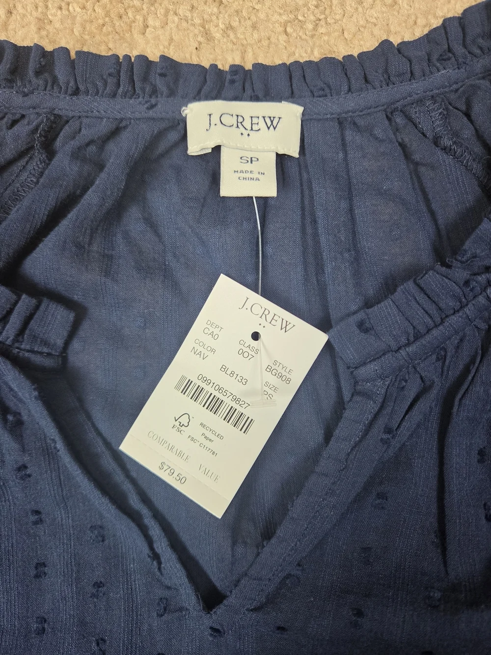 J. Crew Navy Swiss Dot Peasant Top